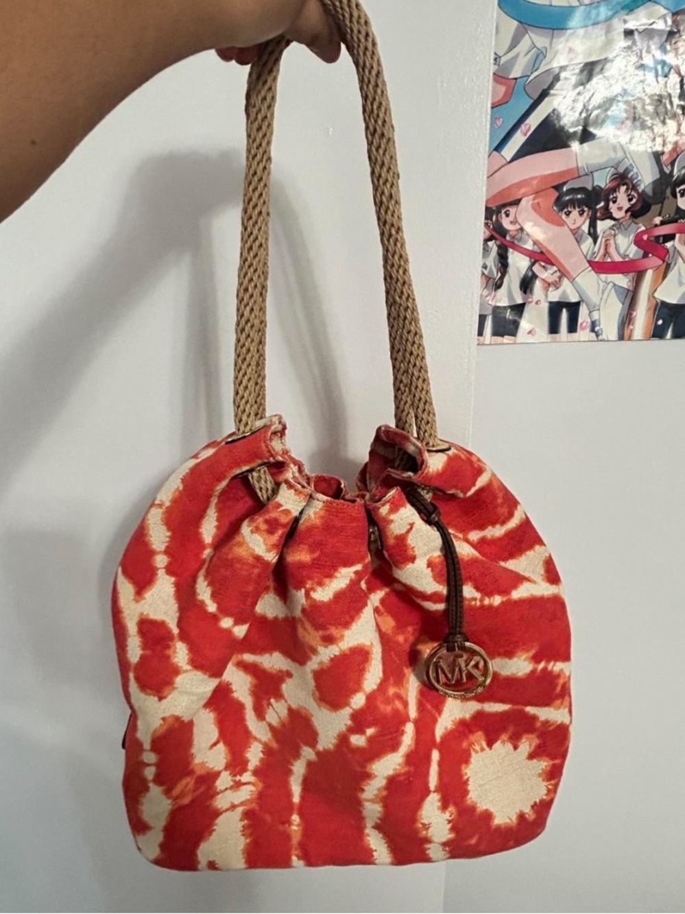 Michael Kors Red and Cream Tie-Dye Drawstring Shoulder Bag